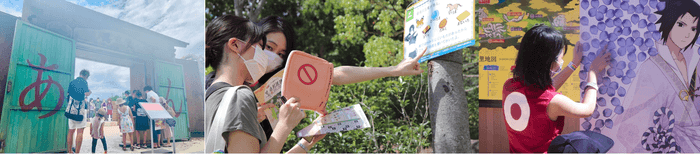 (画像:左/NARUTO&BORUTO 忍里の様子、中/ゲームプレイ中の様子、右/花びらステッカーを等身大パネルに貼る様子)