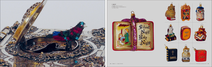 左)ゼンマイ仕掛けのオルゴール 右)ガラス製のクリスマスオーナメント
