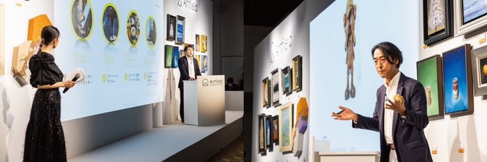 左:サービス説明及び当社より運営する「Rental Auction」の新規展開を発表する株式会社Artfield 代表取締役社長 鈴木庸平 /    右:オークションニア・平野龍二氏による熱気あふれるオークション