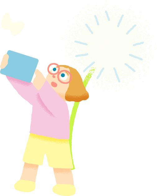 蝶をタブレットで観察する女の子