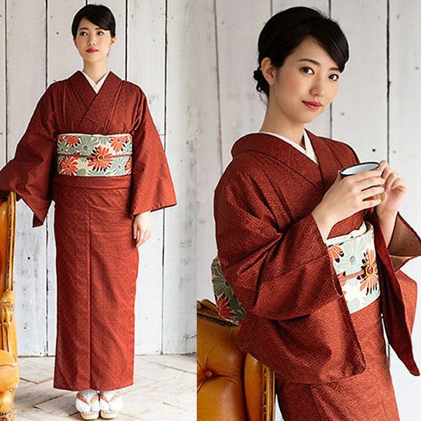 木綿半幅帯 オレンジレッド×グレー マーガレット