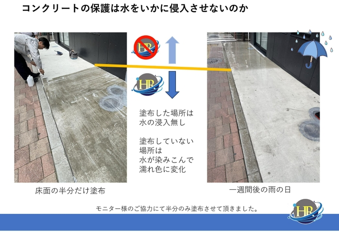 晴れには見分けが付かないが、雨の日にはっきりとわかる塗布したところが防水体質へ変化しています。