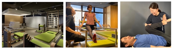 左から:恵比寿サロン施設・木製ストレッチ器具「five」・モビリティケア施術