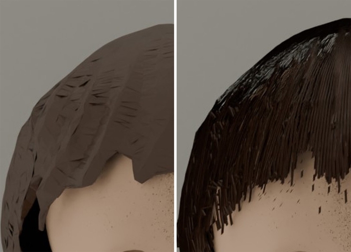 従来方式で再現したアバターの頭髪(左)と、本技術により再現した高精細なアバターの頭髪(右)