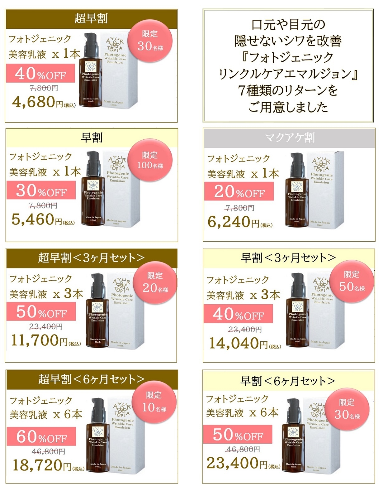 最大60%OFF。7種類のリターン