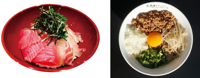 「近大マグロ&マダイの紅白丼」(左)、学生起業家が販売する「近大まぜそば」(右)