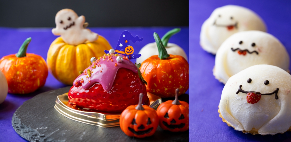 (写真左)いちごのハロウィンババロワ、(写真右)おばけのいちごショート大福