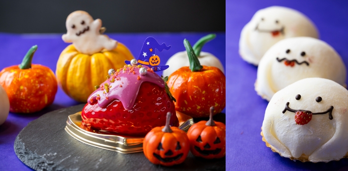 (写真左)いちごのハロウィンババロワ、(写真右)おばけのいちごショート大福