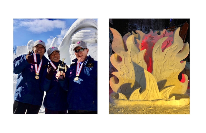 Team Hawaii(左)/2020年の作品「火の女神ペレ」 (右)