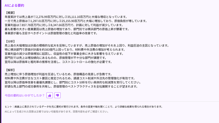 現場担当者が見るような自部門メインのPLのAI要約のイメージ