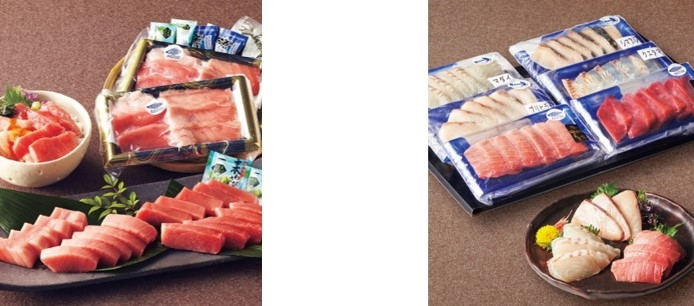 近大マグロ お刺身・丼の具セット(左)、アーマリン近大 お刺身セット(右)