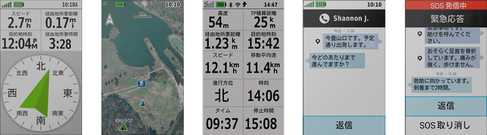 左から、ABCセンサー、衛星画像、トリップコンピューター、双方向メッセージ通信※、インタラクティブなSOSアラート※※『GPSMAP 67i』搭載