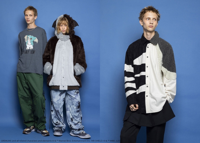 左)男性モデル：GIZMO MAYHEM L.S. TEE ￥15,180、DOUBLE DRAWCORD PANTS ￥35,970 女性モデル：BAT EAR COAT ￥87,450、SMOKEY GIZMO BOTTOMS ￥36,850／右)CREATURE SHIRTS ￥29,480(全て税込)