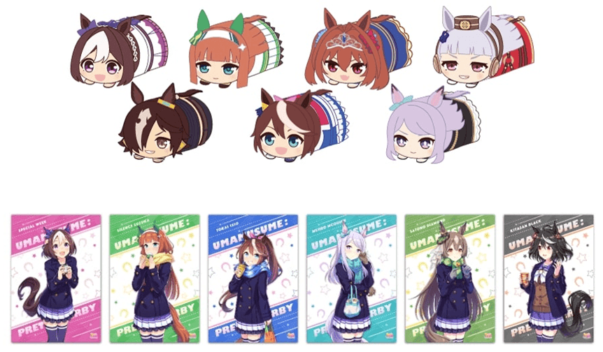 もちころりん ぬいぐるみマスコット7種セット(上)、BIGタオル(全6種)(下)(C)Cygames, Inc.