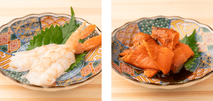 赤海老刺し&サーモンの青唐醤油