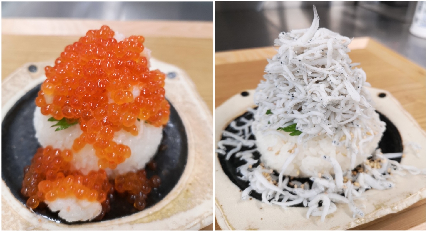 ぶっかけおにぎり各種!(左)カニ・いくらおにぎり (右)しらすおにぎり