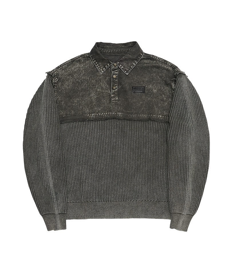 Dirty Switching Knit Polo Shirt(カーキ)