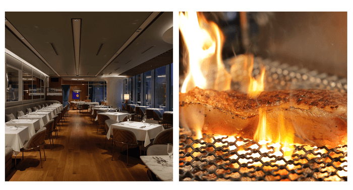 夜景を一望できる店内と国産 A5和牛もも肉の炭火焼き