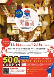 北摂・吹田ローカルで手づくりな、飲食店出店を大募集！ 商店街再生「吹田・アサヒキッチン プロジェクトver.2」 区画内覧会を12月14日(土)・18日(水)実施