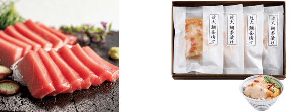 近大マグロ中トロ(左)、近大鯛茶漬け(右)