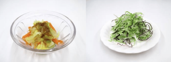 青梅ドレッシングの和え物（左）、紫キャベツの千切り（右）