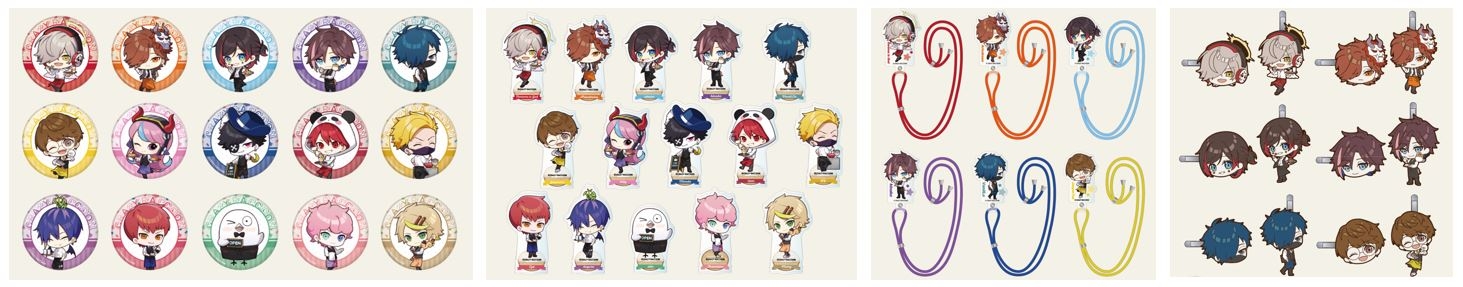 ▲左からビッグアクリルスタンド/グリッター缶バッジ/クリアカード/つながるアクリルチャーム