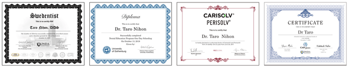 「スウェデンティスト認定証」「イエテボリ大学日本スクーリングディプロマ」「カリエスプロ・ペリオプロ・ソルブプロ認定証」「キャップシステム修了証」