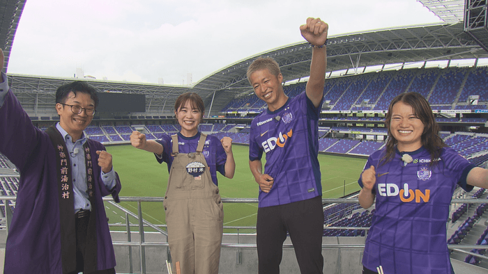 江種泰匡（夜叉うどんのエキスパート）、野村米（HOMEアナウンサー）、森崎 浩司アンバサダー、柳瀬楓菜選手