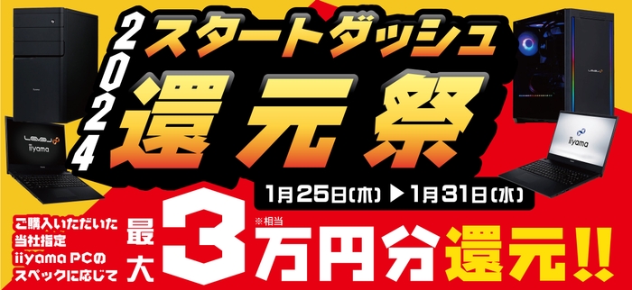 対象iiyama PCのご購入で最大3万円分相当を還元する「2024スタートダッシュ還元祭」を1月25日より期間限定で開催!