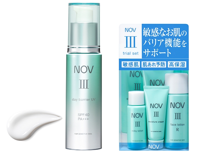 (左から)〔全品医薬部外品〕 「ノブ Ⅲ デイバリア UV」「ノブ Ⅲ トライアルセット」