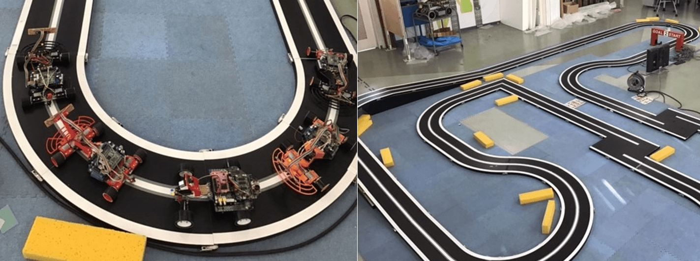出前実習で活用する「マイコンカー」(左)、走行練習用コース(右)