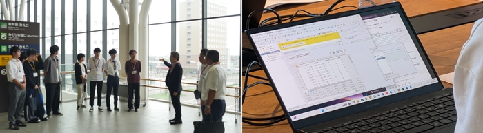 左:新函館北斗駅にて視察中、右:ローコード開発にてロボット開発