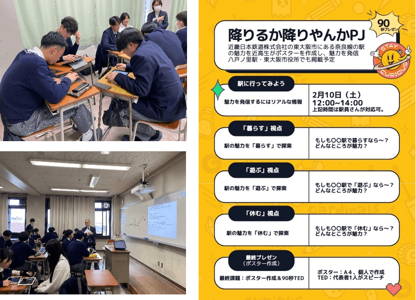 授業風景(左)、プロジェクトの流れ(右)