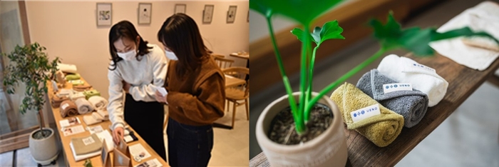 以前に実施したポップアップストアの様子（左）、学生がセレクトした泉州タオル（右）