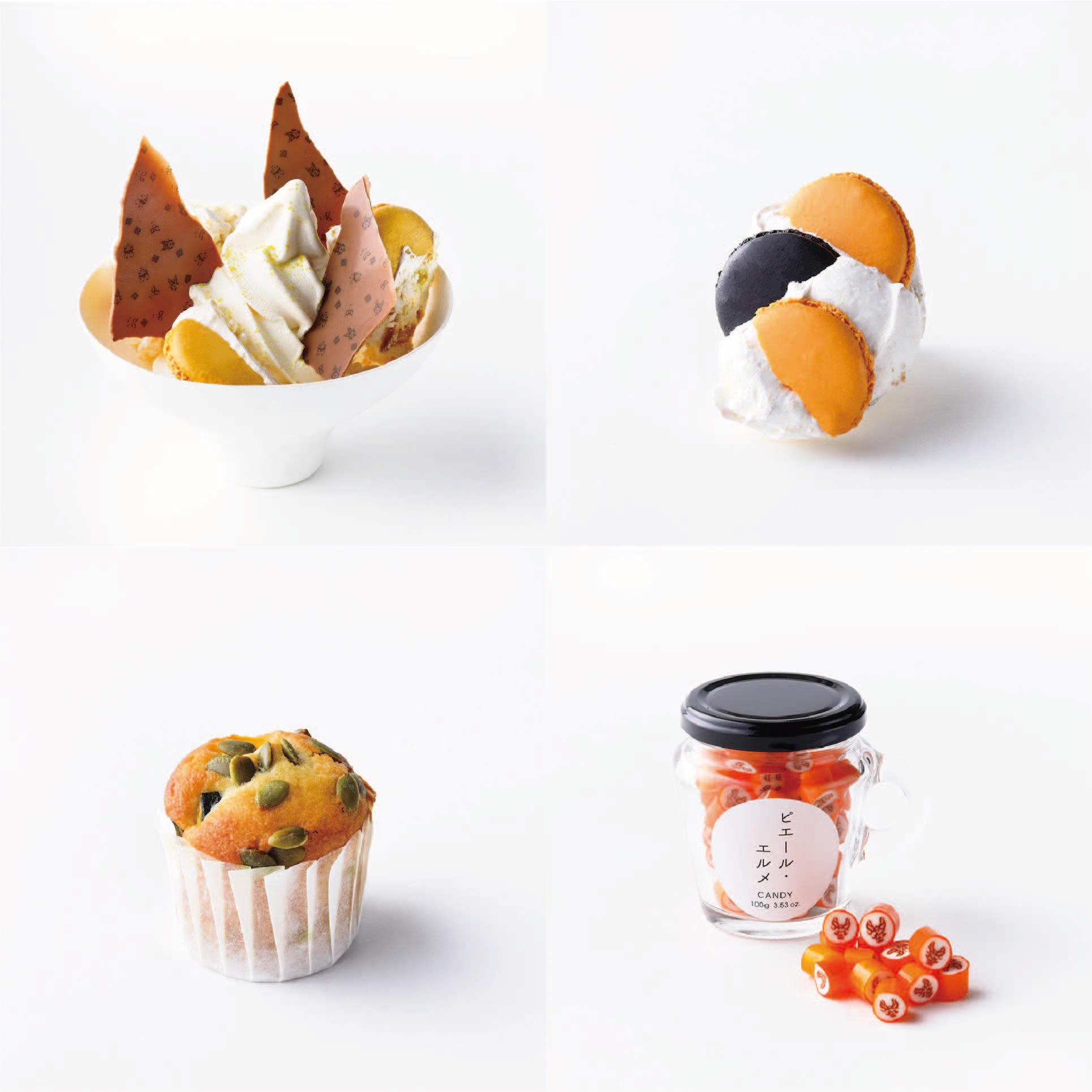 ハロウィンバニラソフトクリーム(880円/864円)※10/3より販売予定  / オレンジのメレンゲ(330円/324円)  / パンプキンのマフィン(385 円/378 円)  / キャンディ 隈取り 1,188円  ※価格は税込み(イートイン/テイクアウト)