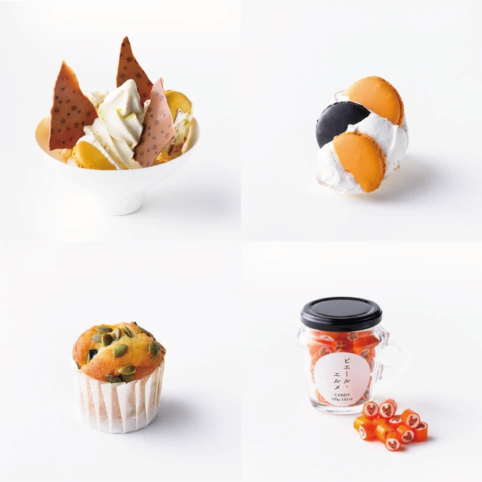 ハロウィンバニラソフトクリーム(880円/864円)※10/3より販売予定  / オレンジのメレンゲ(330円/324円)  / パンプキンのマフィン(385 円/378 円)  / キャンディ 隈取り 1,188円  ※価格は税込み(イートイン/テイクアウト)