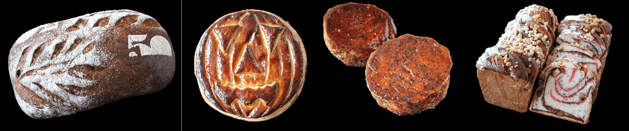 アップルティ・フェアのパン:左からアップルティ・カンパーニュ、ハロウィン・アップルパイ、クイニ―・アマン(アップルティ)、バブカ・アップルティ