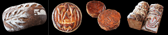 アップルティ・フェアのパン:左からアップルティ・カンパーニュ、ハロウィン・アップルパイ、クイニ―・アマン(アップルティ)、バブカ・アップルティ