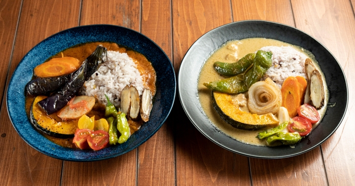 ▲スパイスカレー2種(右:エスニック×ハーブカレー、左:和×スパイスカレー)