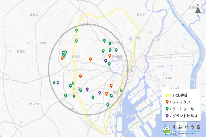 画像1:東京都心部におけるラ・トゥール、シティタワー、グランドヒルズの所在をプロットし、JR山手線を目安として同心円状のエリア構造を示した地図(マンションナビ)
