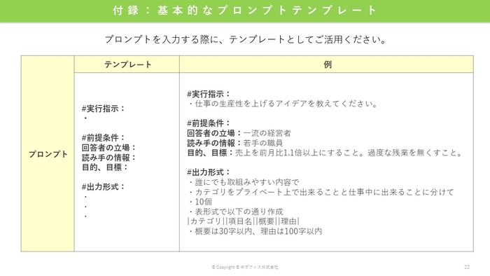すぐに使えるプロンプトのテンプレートも掲載