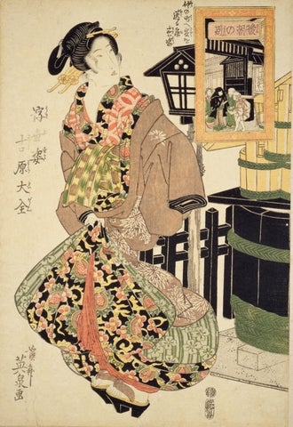 更紗の着物(寝衣)を着た遊女。 渓斎英泉『浮世姿吉原大全 仲の町へ客を送る寝衣姿』(国立国会図書館)