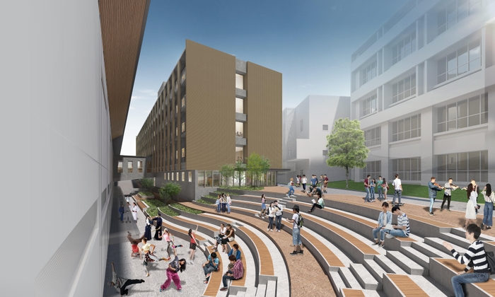 クラブハウス棟(奥)とアスレチックガーデン(手前)