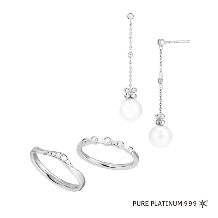 Pt999 ダイヤモンドピンキーリング、Pt999/Pt900 フレッシュウォーターパール/ダイヤモンド ピアス