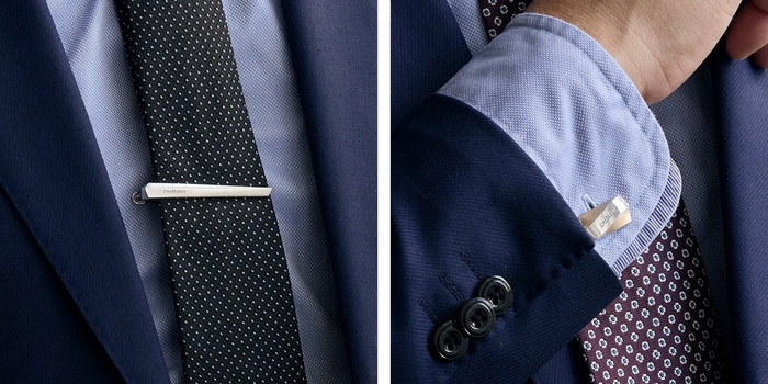 563シリーズのタイピン(左)、552シリーズのライトゴールドのカフス(右)