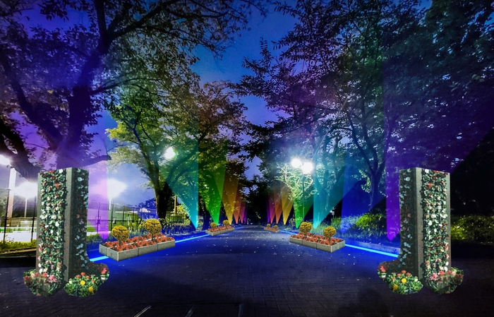 花のプロムナードの虹色ライトアップ（イメージ）