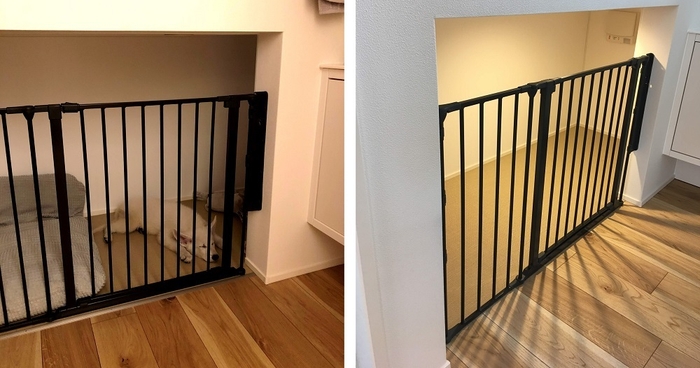 (左)安心して眠る様子。(右)照明、奥に換気扇も完備。