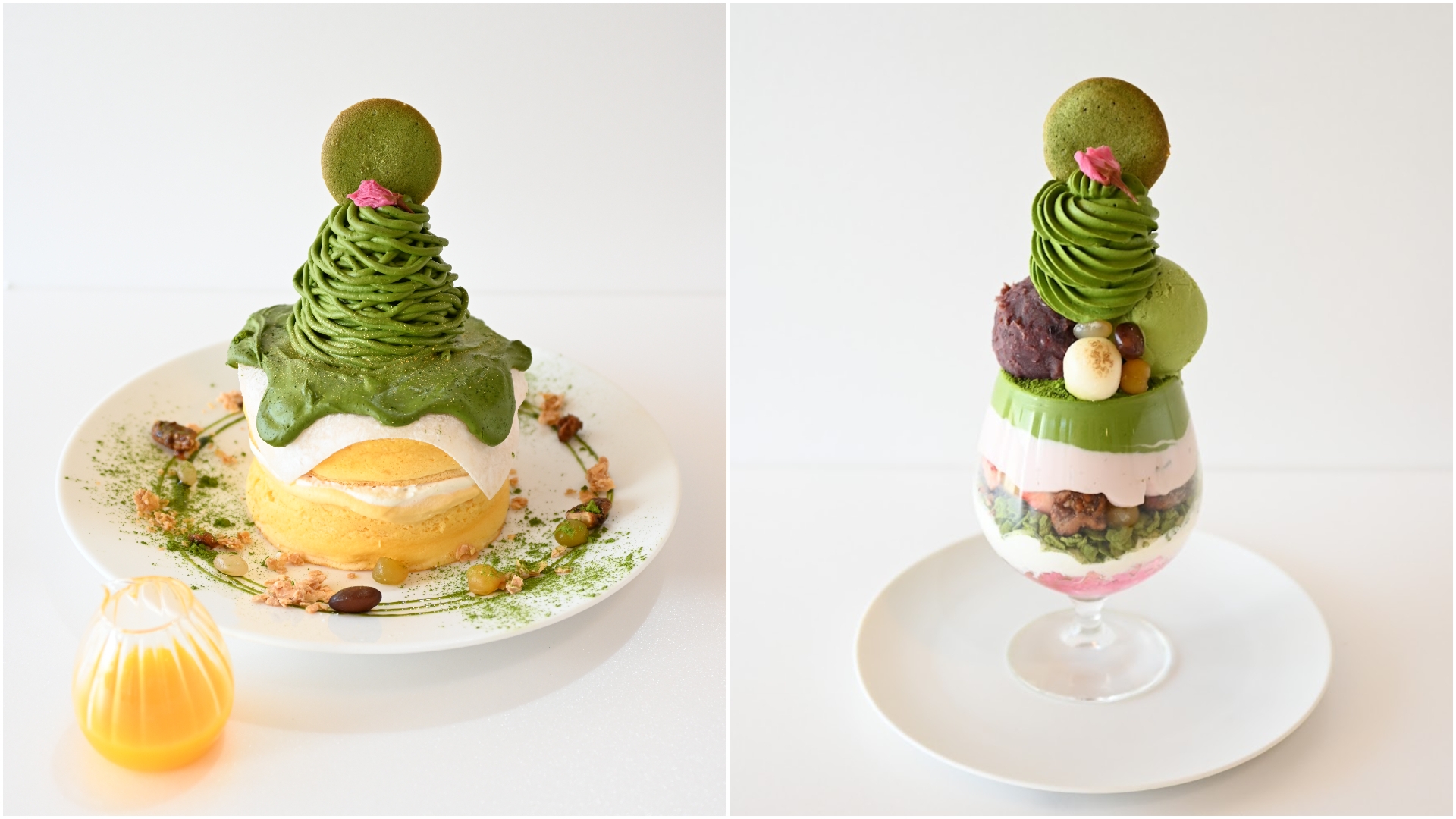 左:抹茶と桜のとろ~りパンケーキ/右:抹茶さくら満喫パフェ