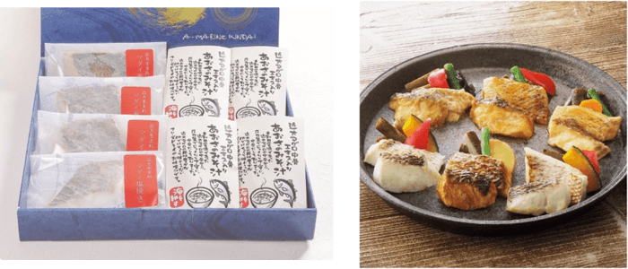 近大生まれマダイ焼味と近大マグロ中骨エキス入りあおさのみそ汁詰合せ（左）、近大生まれマダイ惣菜詰合せ6食（右）