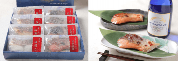 近大サクラマスと近大マダイの紅白詰合せ(左)、近大サクラマス 近大酒の純米酒粕漬焼き(店舗にて提供)(右)
